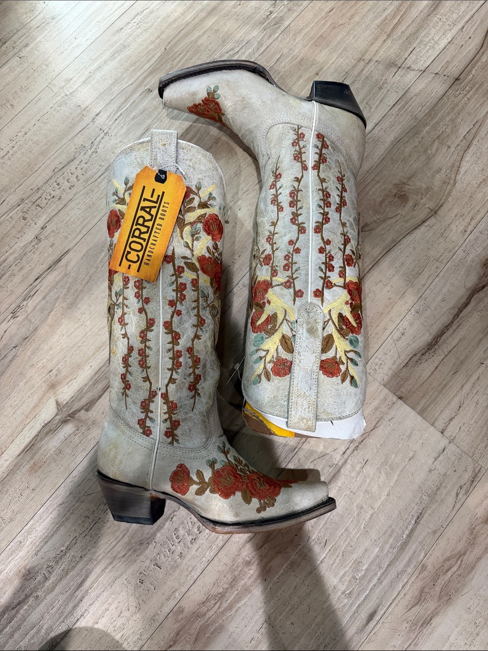 Corral Cream Leather Boots with Red Floral Embroidery